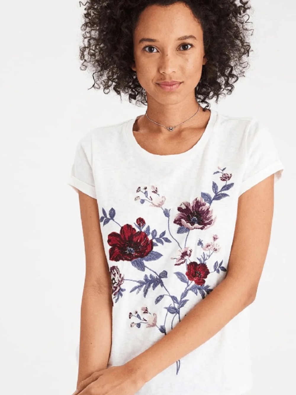 American Eagle Outfitters Soft & Sexy Floral Embroidered Roll Sleeve Tee Shirt